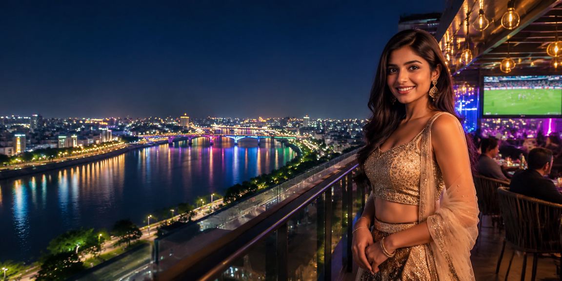 View of Ahmedabad riverfront with cricket fans and Bollywood theme